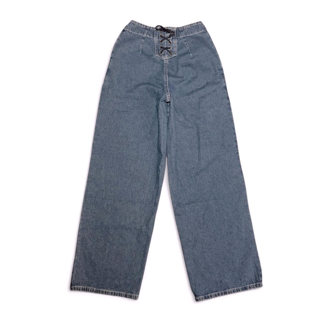 90’s Stevenson Aero Brand Overall Co Wide Leg Sailor Jeans Corset Back Tie - Picture 2 of 5